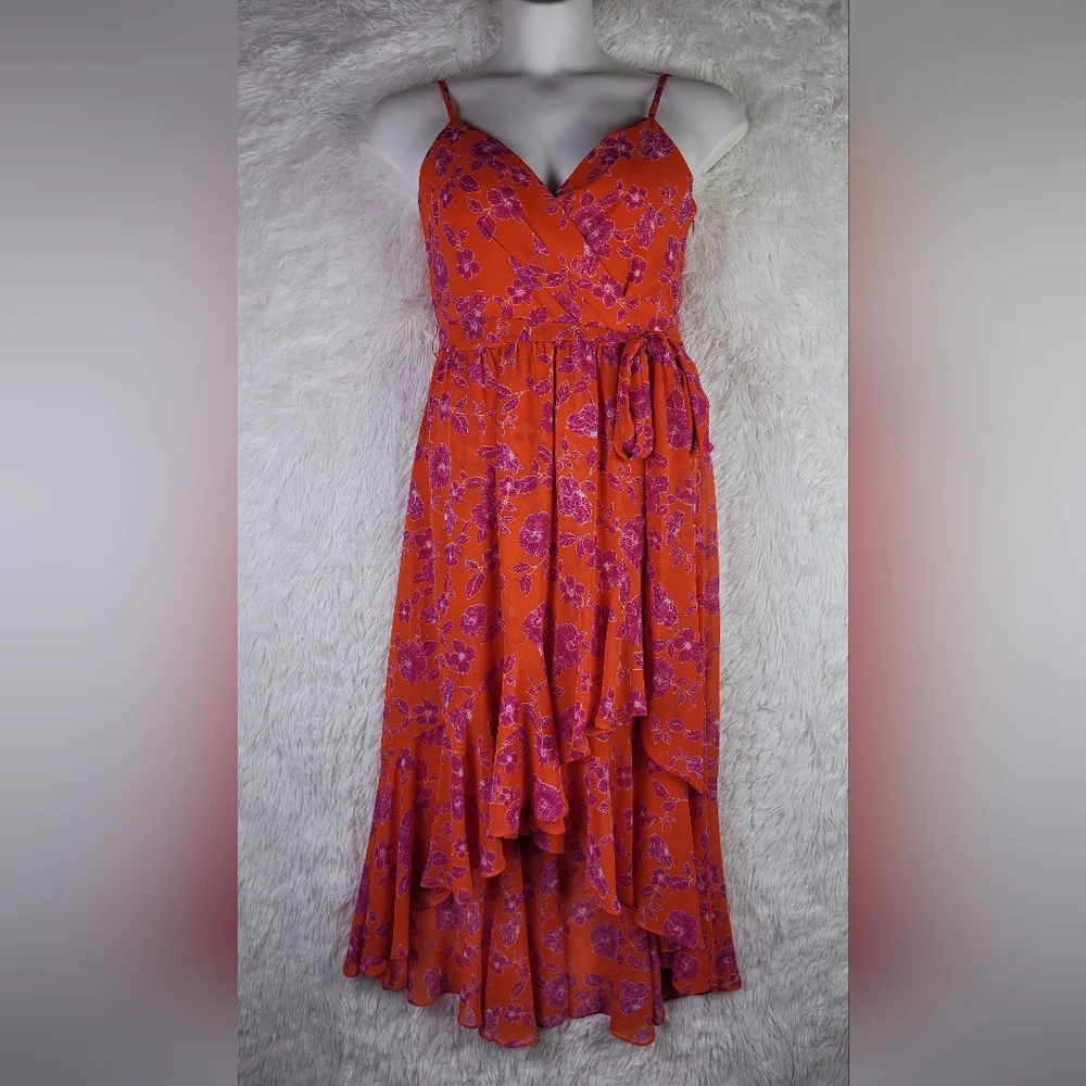 Eliza J Med Orange Floral Asymmetrical Midi Strappy Dress Smocked Tie Flowy - Picture 1 of 10
